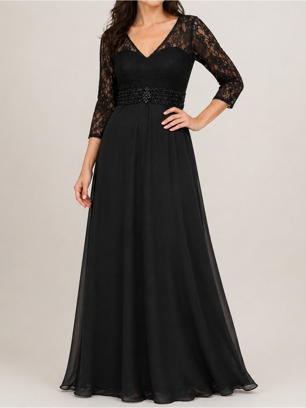 JJS House Black Lace Maxi Dress Beaded Waist Formal Size 6/8